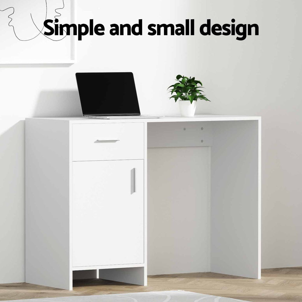 White minimalist computer desk with sliding drawer and storage cabinet for modern home office use — view 4