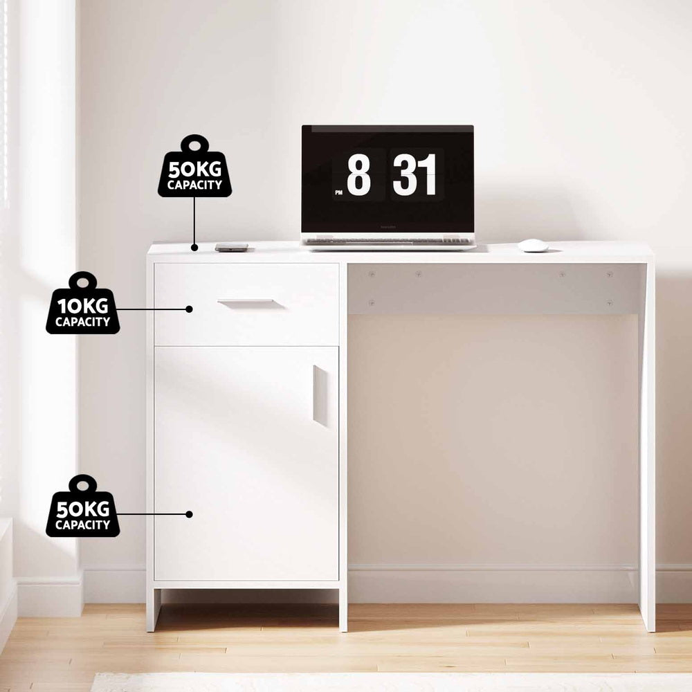 White minimalist computer desk with sliding drawer and storage cabinet for modern home office use — view 5
