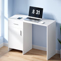 White minimalist computer desk with sliding drawer and storage cabinet for modern home office use