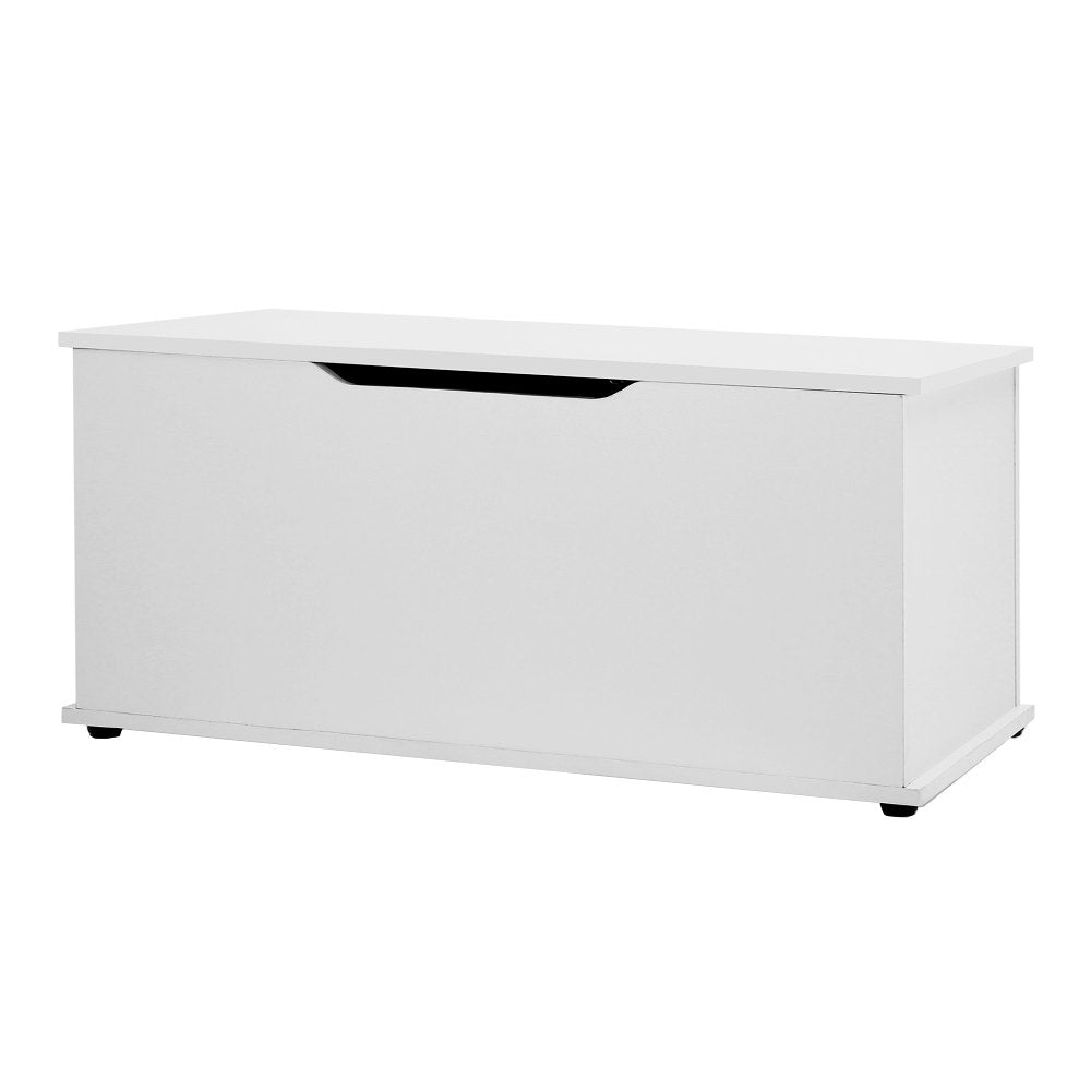 White wooden kids toy box storage chest featuring a child safe lid and air gap handle
