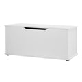 White wooden kids toy box storage chest featuring a child safe lid and air gap handle