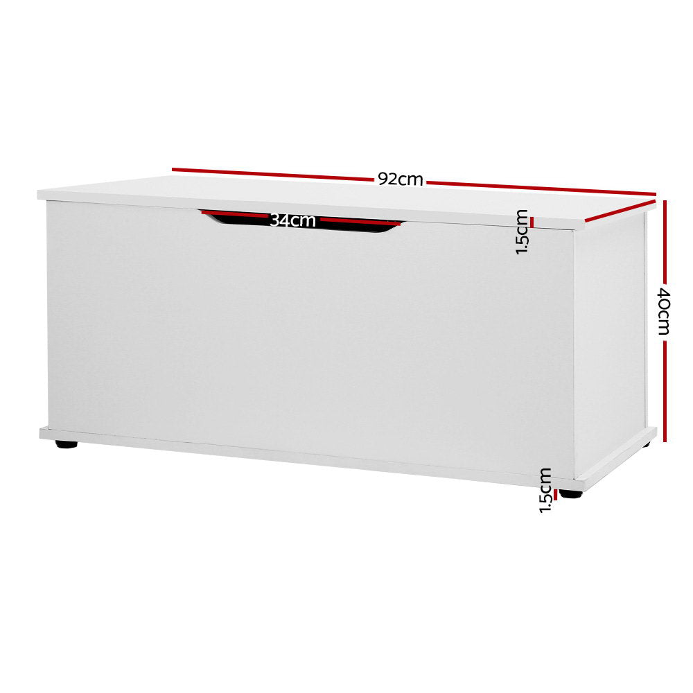 White wooden kids toy box storage chest featuring a child safe lid and air gap handle — view 2