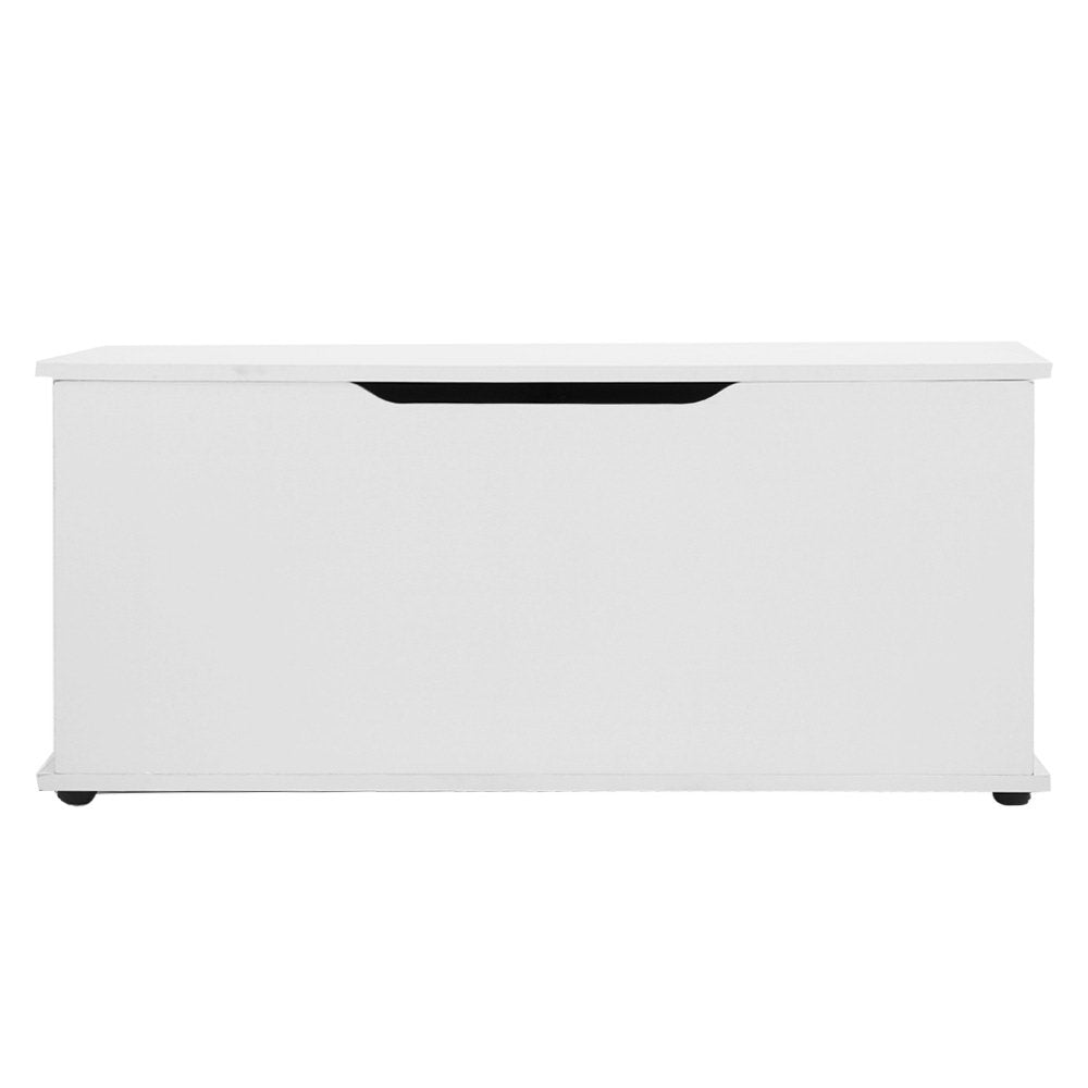 White wooden kids toy box storage chest featuring a child safe lid and air gap handle — view 3
