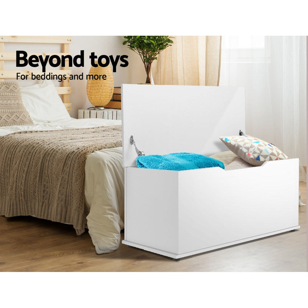White wooden kids toy box storage chest featuring a child safe lid and air gap handle — view 4