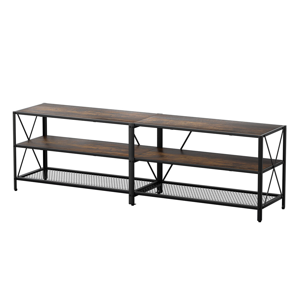 Artiss rustic walnut television stand with three tiers of open shelving and black metal X-shaped frame — view 3