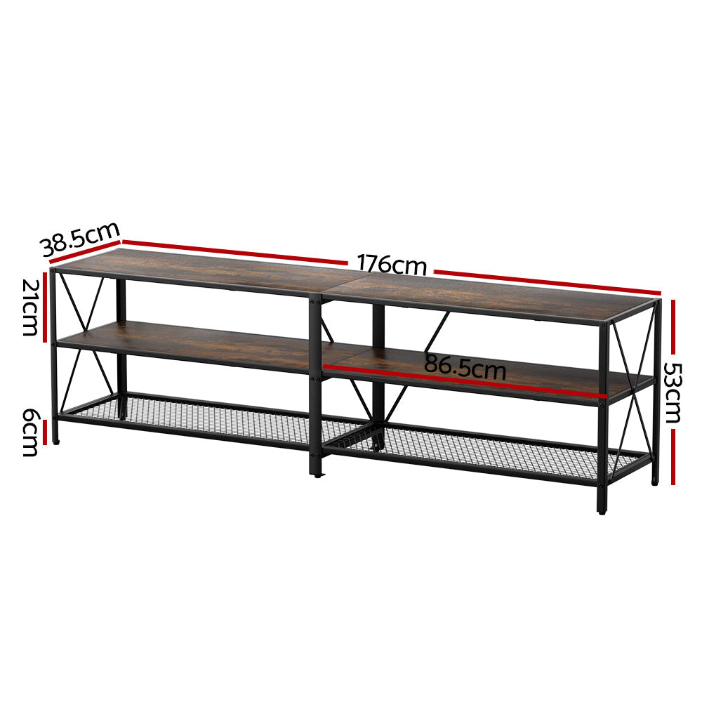 Artiss rustic walnut television stand with three tiers of open shelving and black metal X-shaped frame — view 4