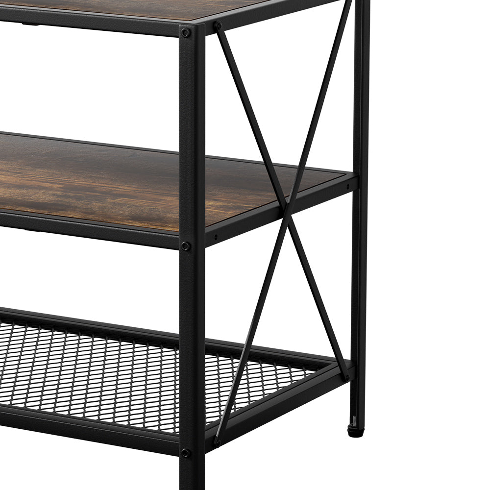 Artiss rustic walnut television stand with three tiers of open shelving and black metal X-shaped frame — view 5