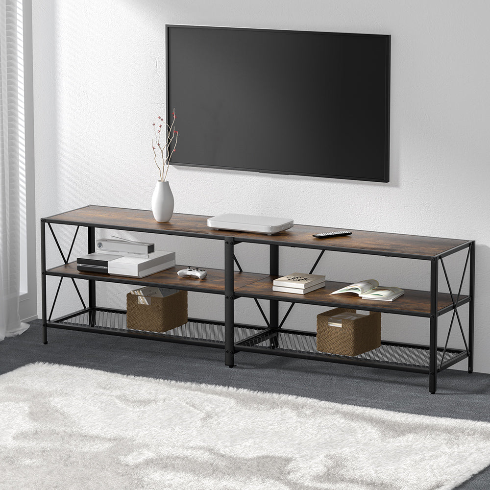 Artiss rustic walnut television stand with three tiers of open shelving and black metal X-shaped frame
