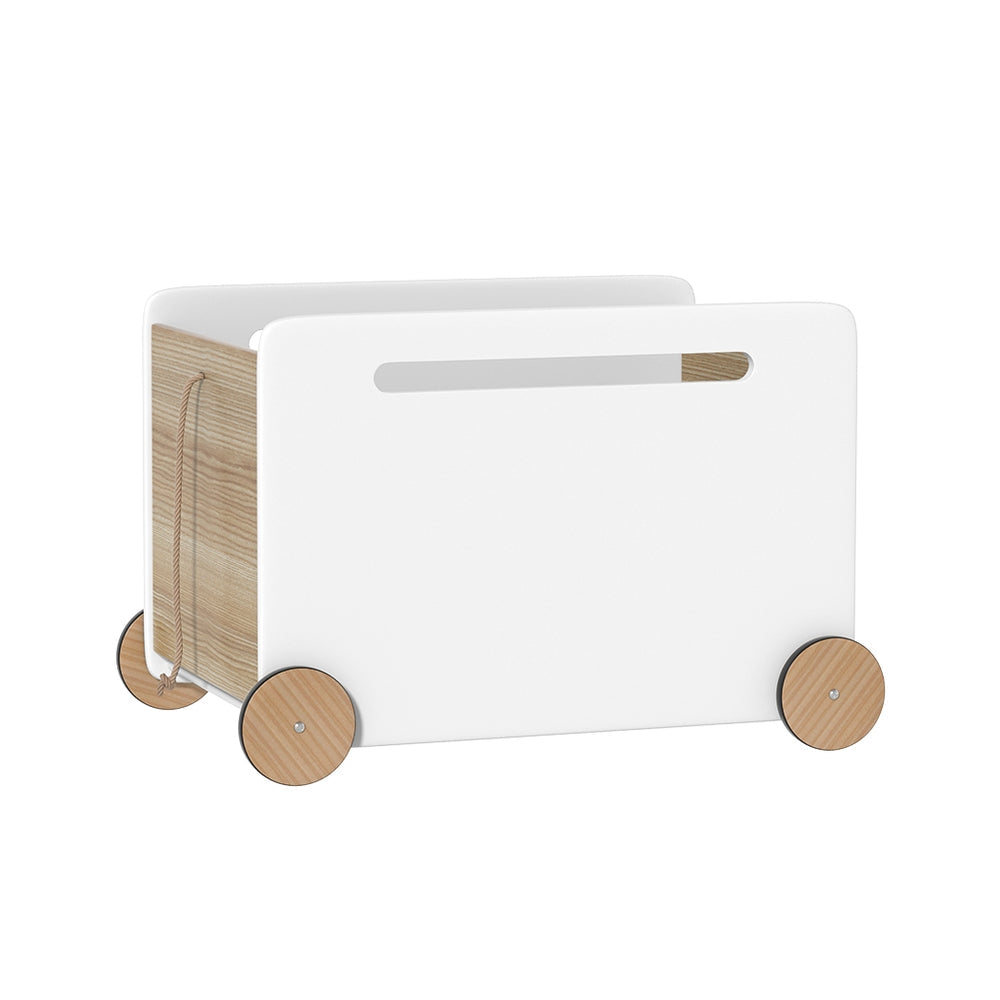 White wooden kids toy box storage chest with four wheels and pull rope