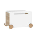 White wooden kids toy box storage chest with four wheels and pull rope