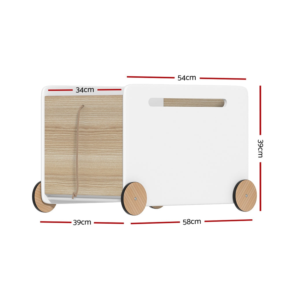 White wooden kids toy box storage chest with four wheels and pull rope — view 2