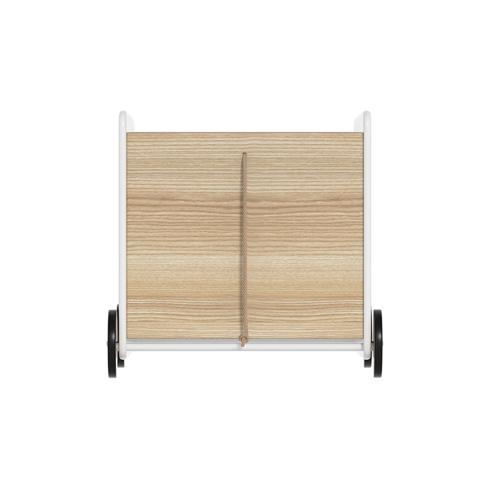 White wooden kids toy box storage chest with four wheels and pull rope — view 3