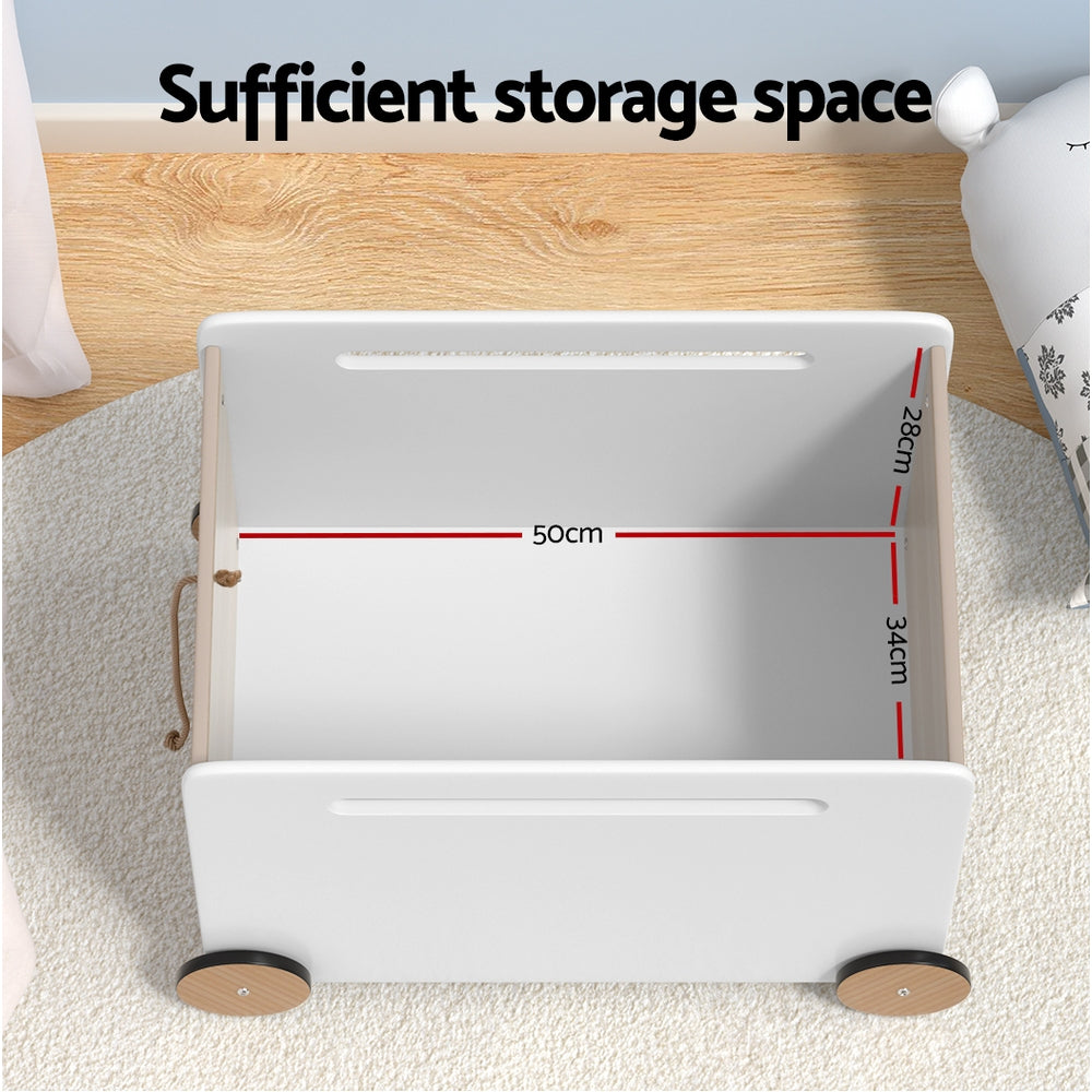 White wooden kids toy box storage chest with four wheels and pull rope — view 5