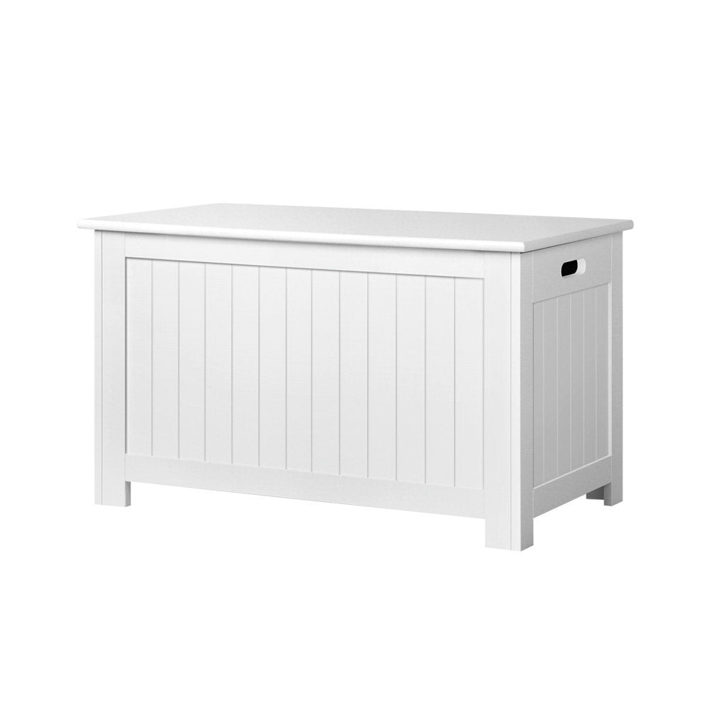 White wooden kids toy box storage chest with a modern handle-free design and safety lid.
