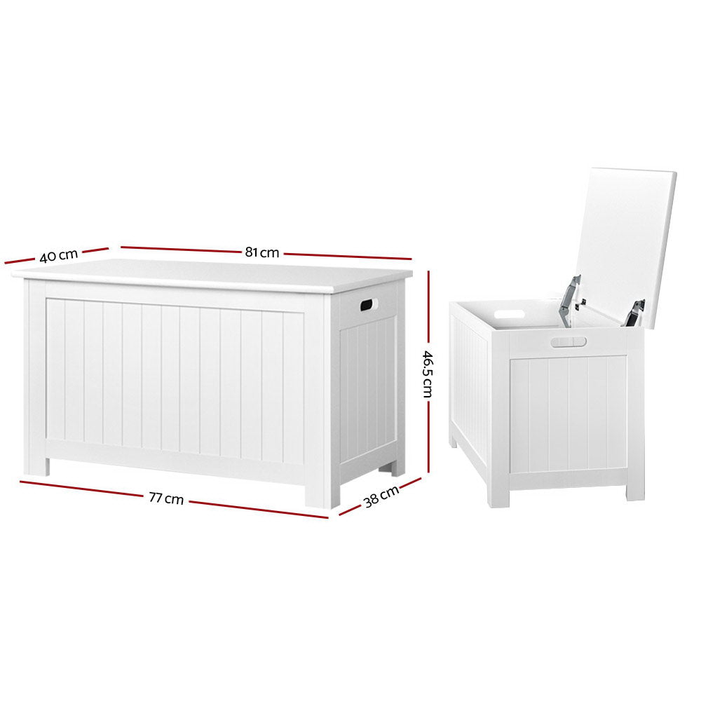 White wooden kids toy box storage chest with a modern handle-free design and safety lid. — view 2