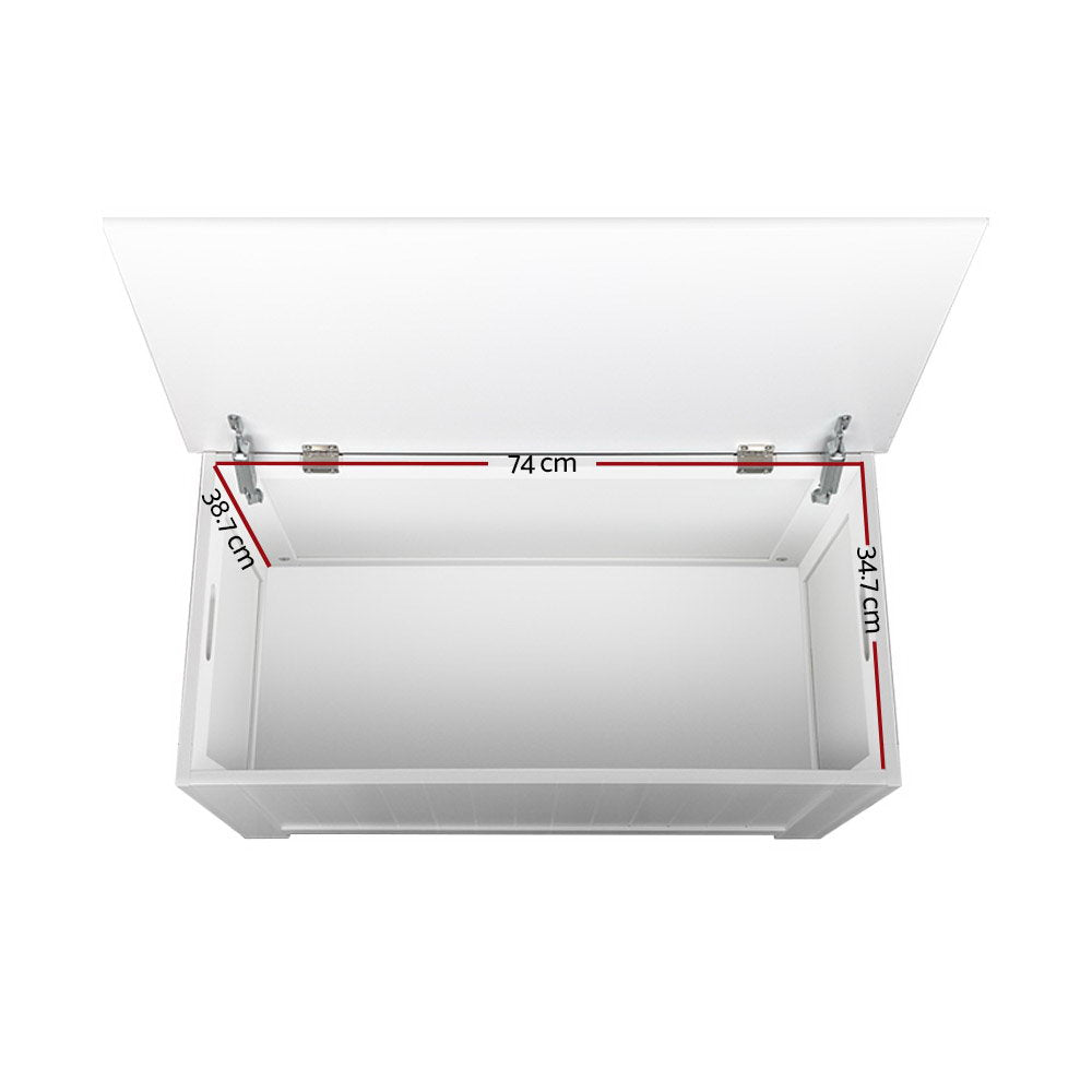 White wooden kids toy box storage chest with a modern handle-free design and safety lid. — view 3