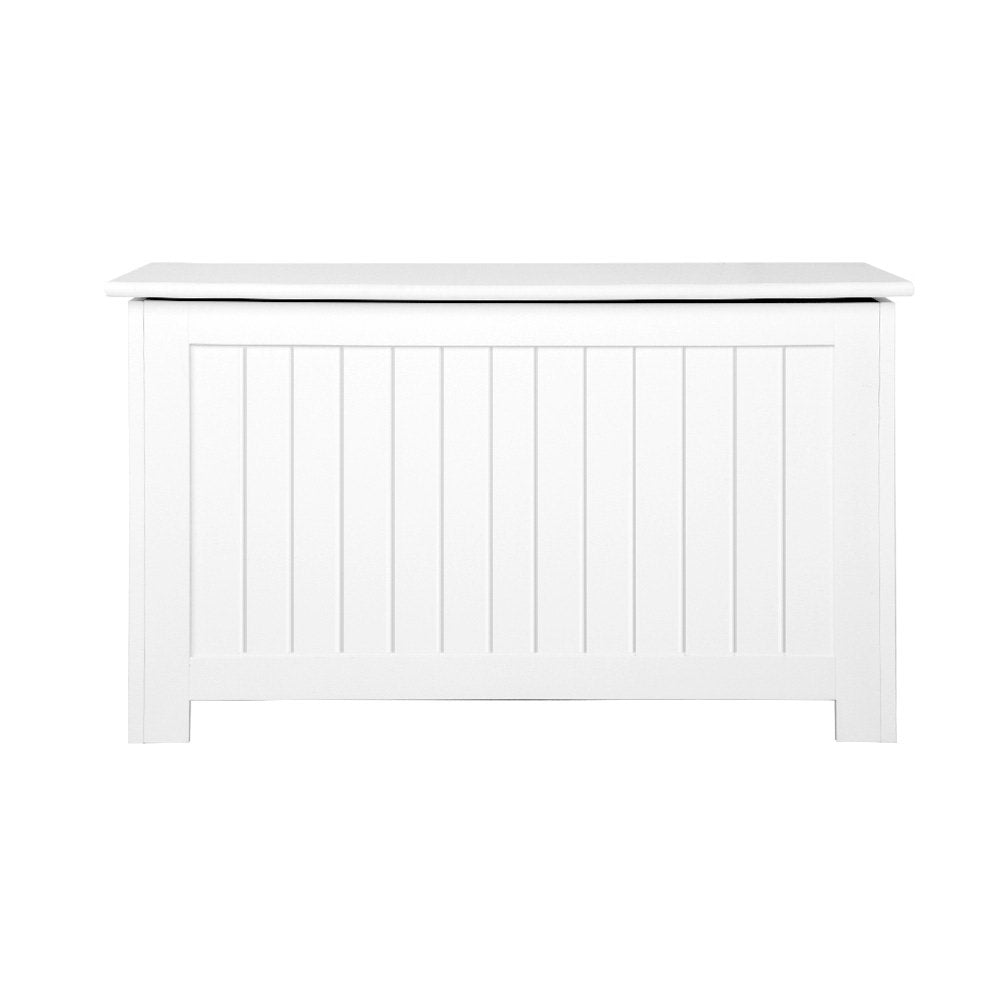 White wooden kids toy box storage chest with a modern handle-free design and safety lid. — view 4