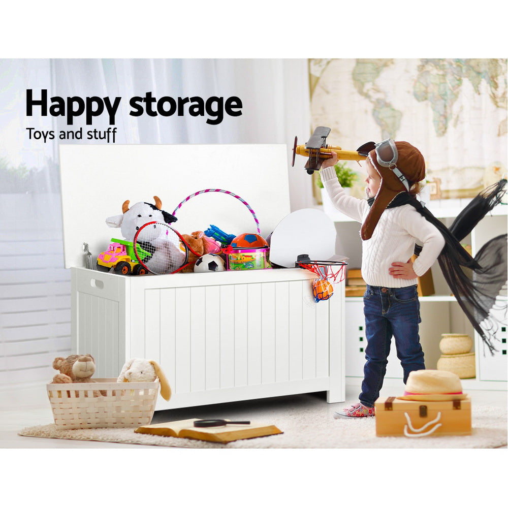 White wooden kids toy box storage chest with a modern handle-free design and safety lid. — view 5