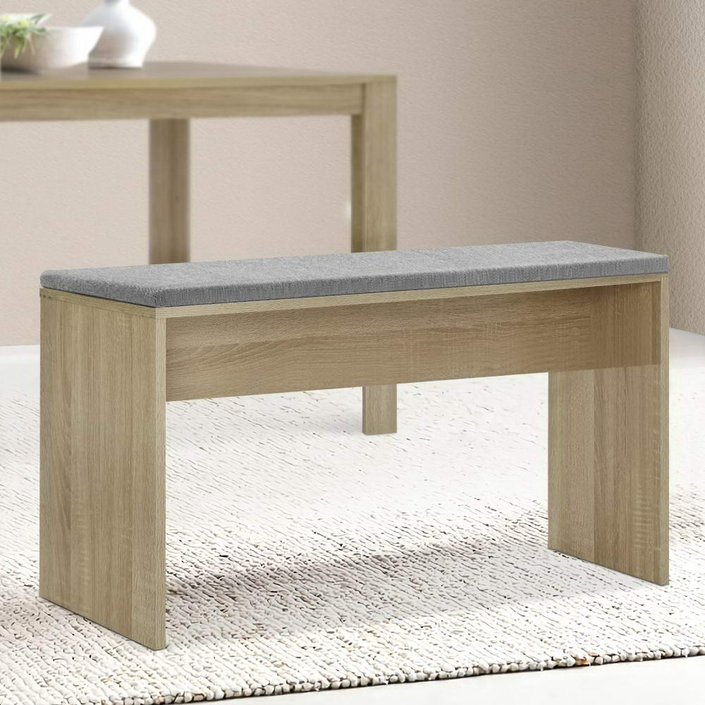 Artiss oak wooden dining bench with comfortable faux linen upholstered seat cushion
