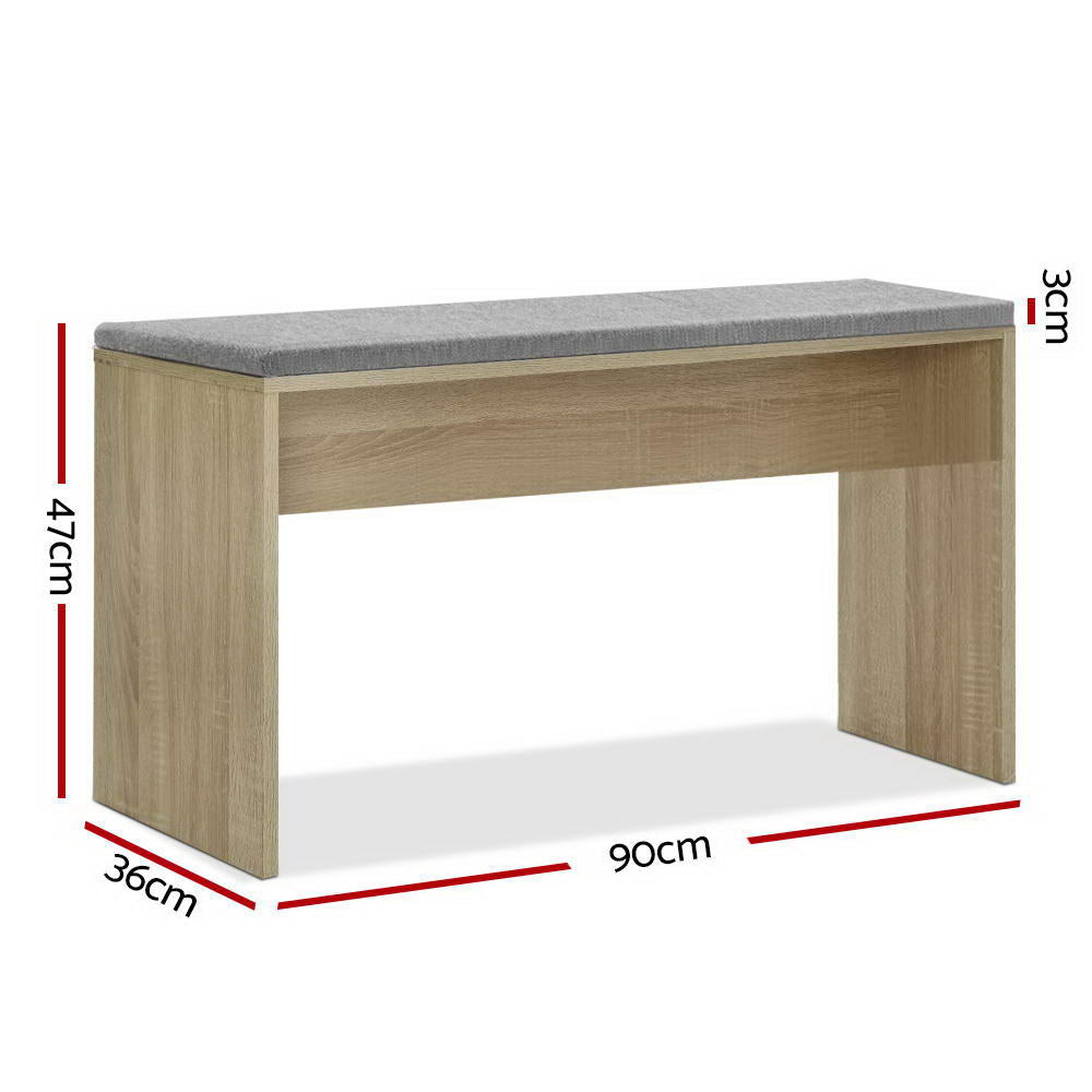 Artiss oak wooden dining bench with comfortable faux linen upholstered seat cushion — view 2