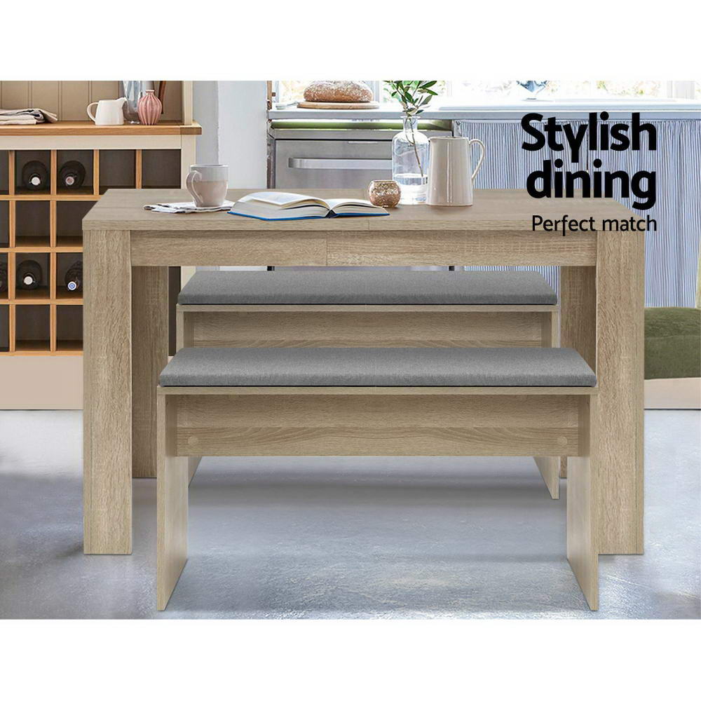 Artiss oak wooden dining bench with comfortable faux linen upholstered seat cushion — view 3