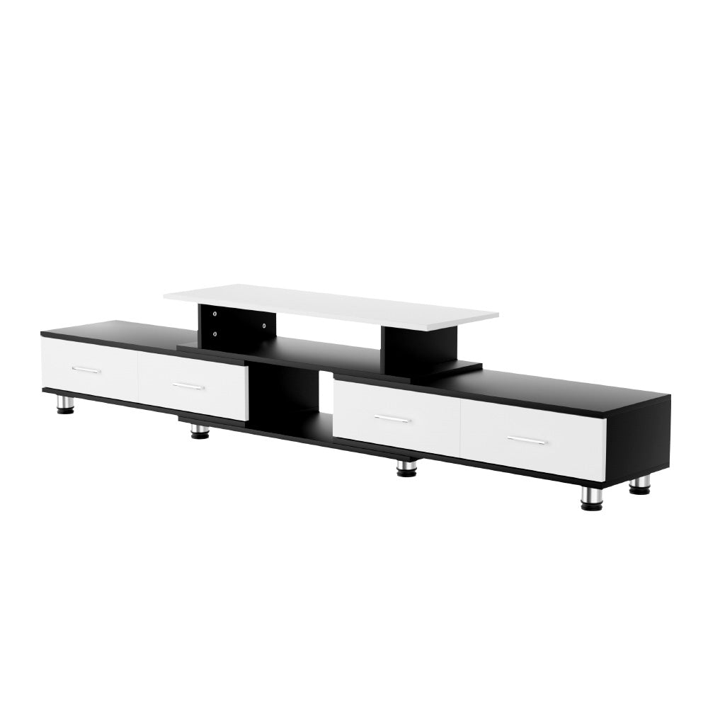 Black and white extendable Artiss TV cabinet with four drawers, open shelves, and chrome metal legs — view 3