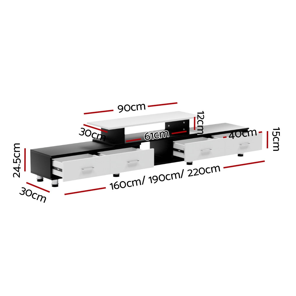 Black and white extendable Artiss TV cabinet with four drawers, open shelves, and chrome metal legs — view 4