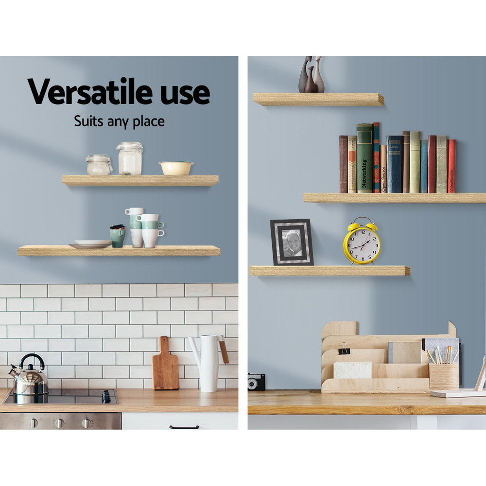 Oak floating wall shelves set of three mounted in a modern living room display — view 5