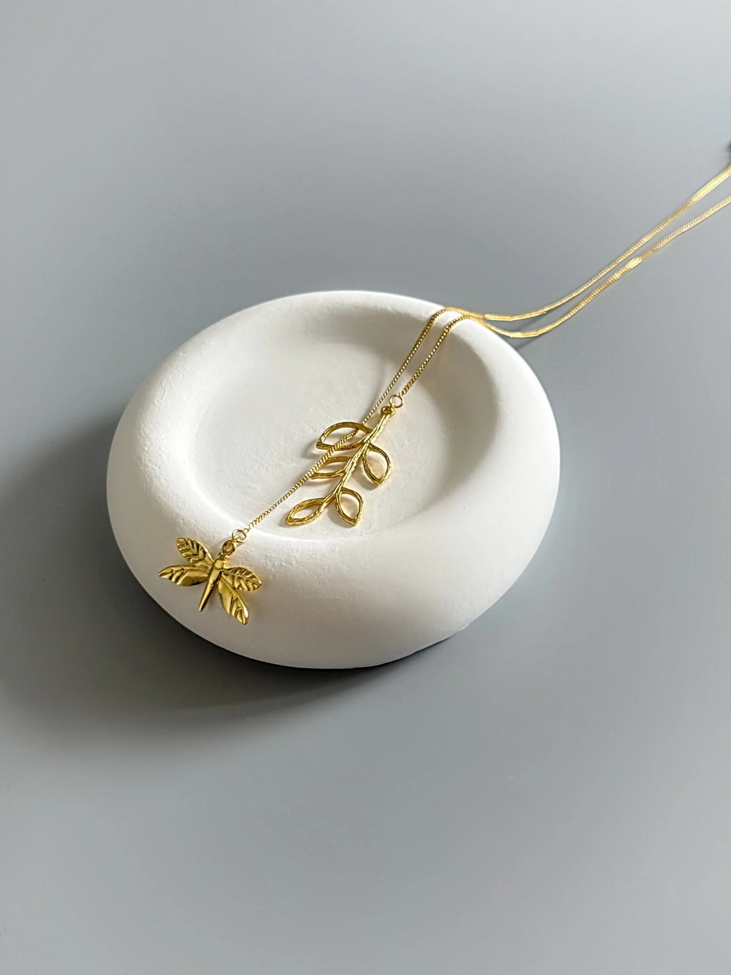 925 Sterling Silver Gold Plated Nature Inspired Dragonfly & Leaf Necklace-1