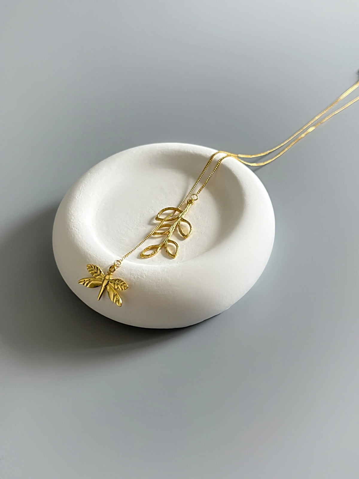 925 Sterling Silver Gold Plated Nature Inspired Dragonfly & Leaf Necklace-1