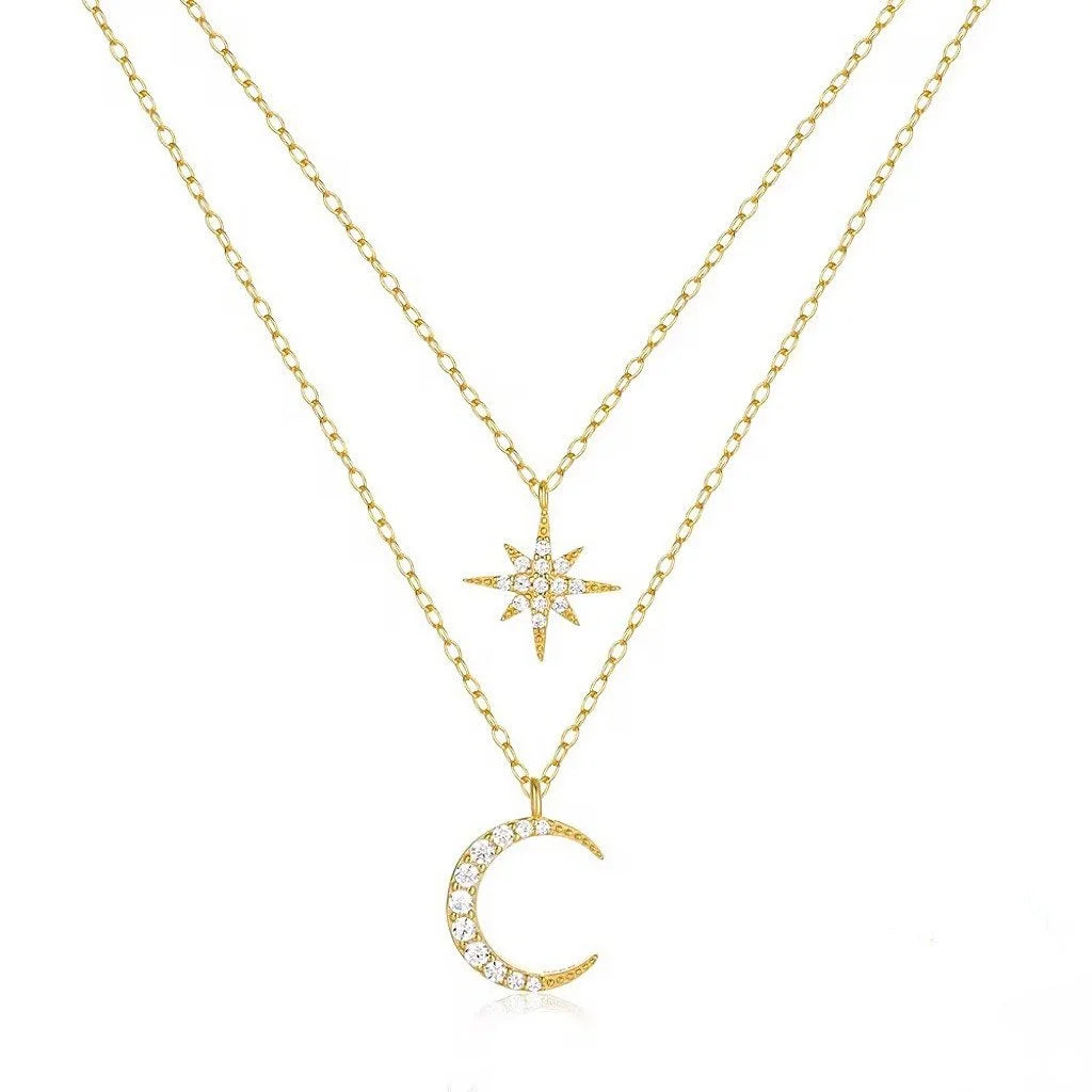Gold Star & Moon Double Layer Necklace – 925 Sterling Silver Celestial Pendant-0