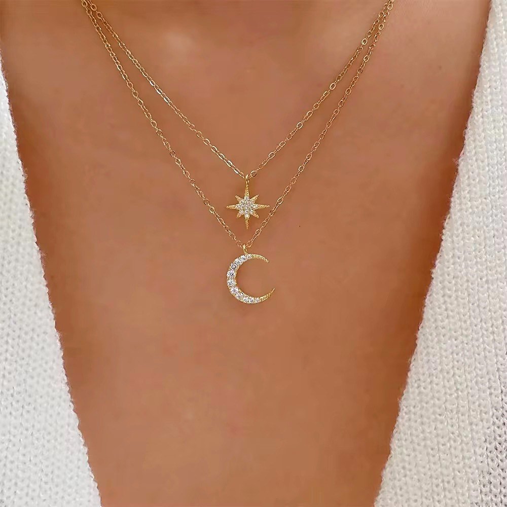 Gold Star & Moon Double Layer Necklace – 925 Sterling Silver Celestial Pendant-5