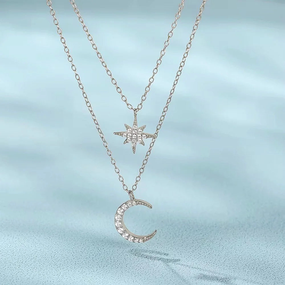 925 Sterling Silver Star & Moon Necklace  Double Layer Celestial Pendant-1