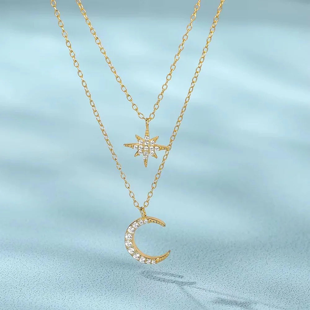 Gold Star & Moon Double Layer Necklace – 925 Sterling Silver Celestial Pendant-1