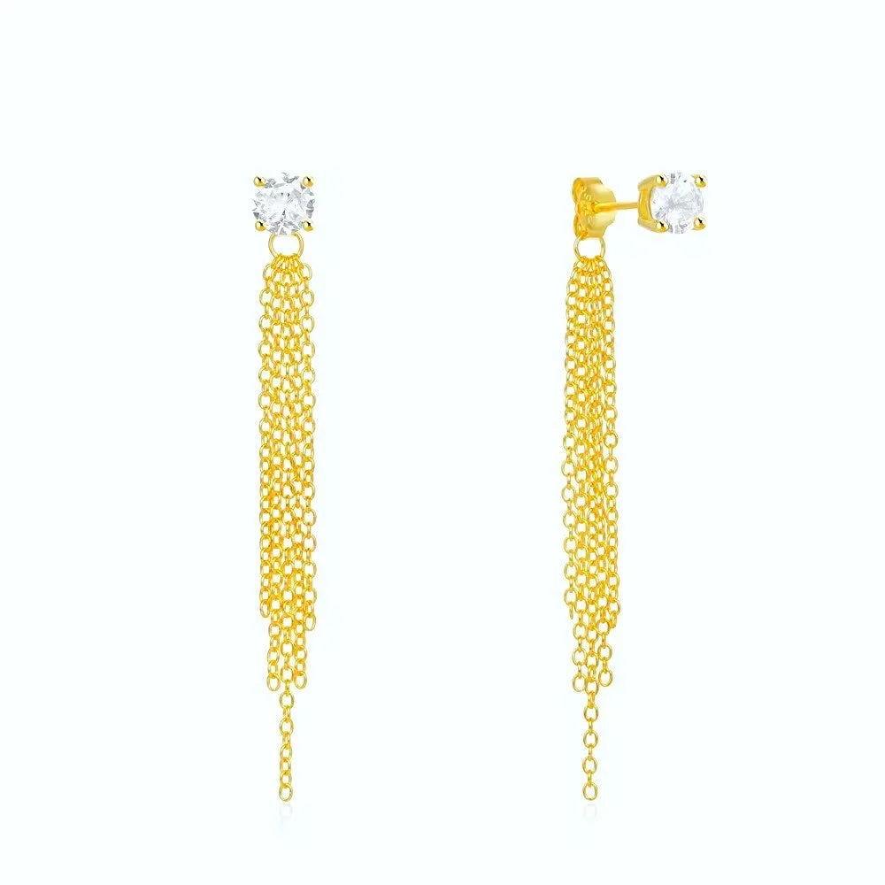 18K gold plated tassel earrings crafted from 925 sterling silver, featuring sparkling zirconia stud tops and delicate multi-chain drops.