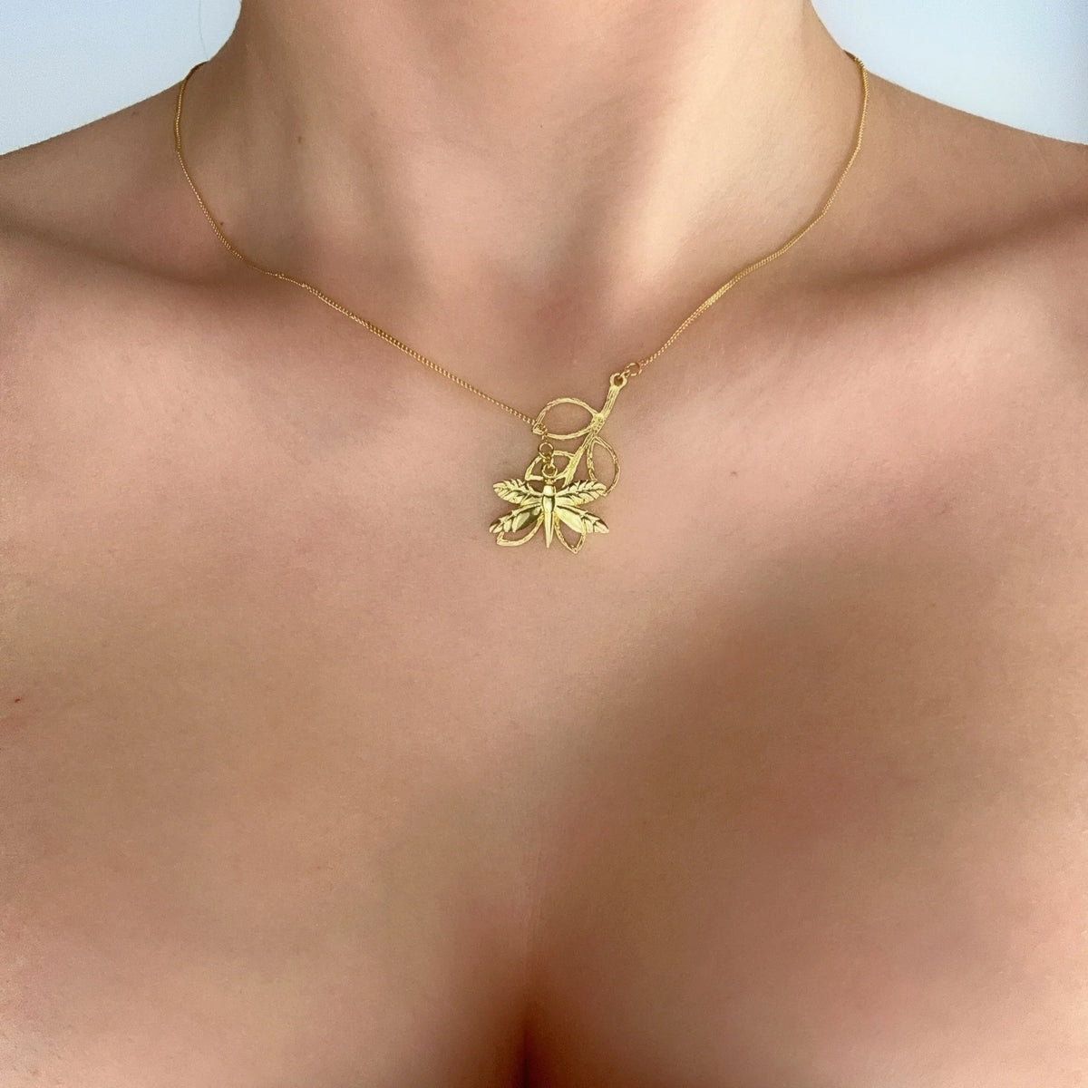 925 Sterling Silver Gold Plated Nature Inspired Dragonfly & Leaf Necklace-6