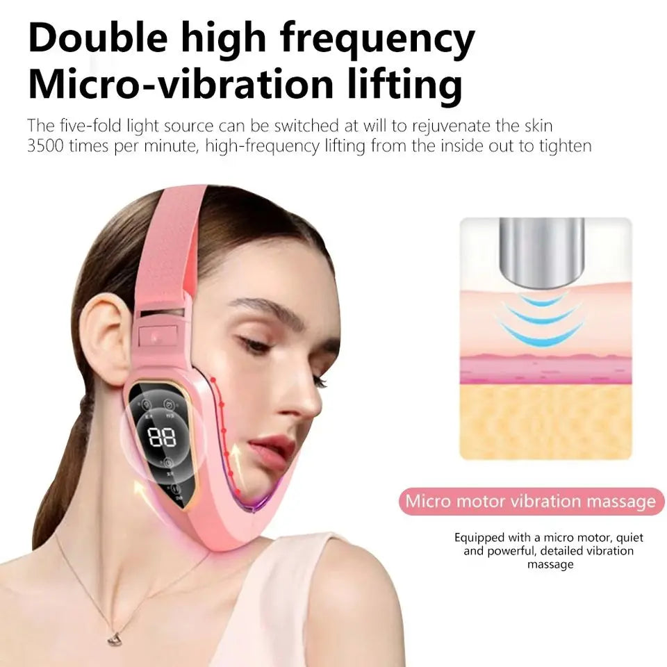 Pink LED photon therapy facial lifting massager and jawline contouring beauty device — view 3