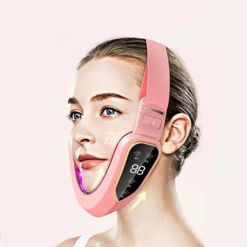 Pink LED photon therapy facial lifting massager and jawline contouring beauty device