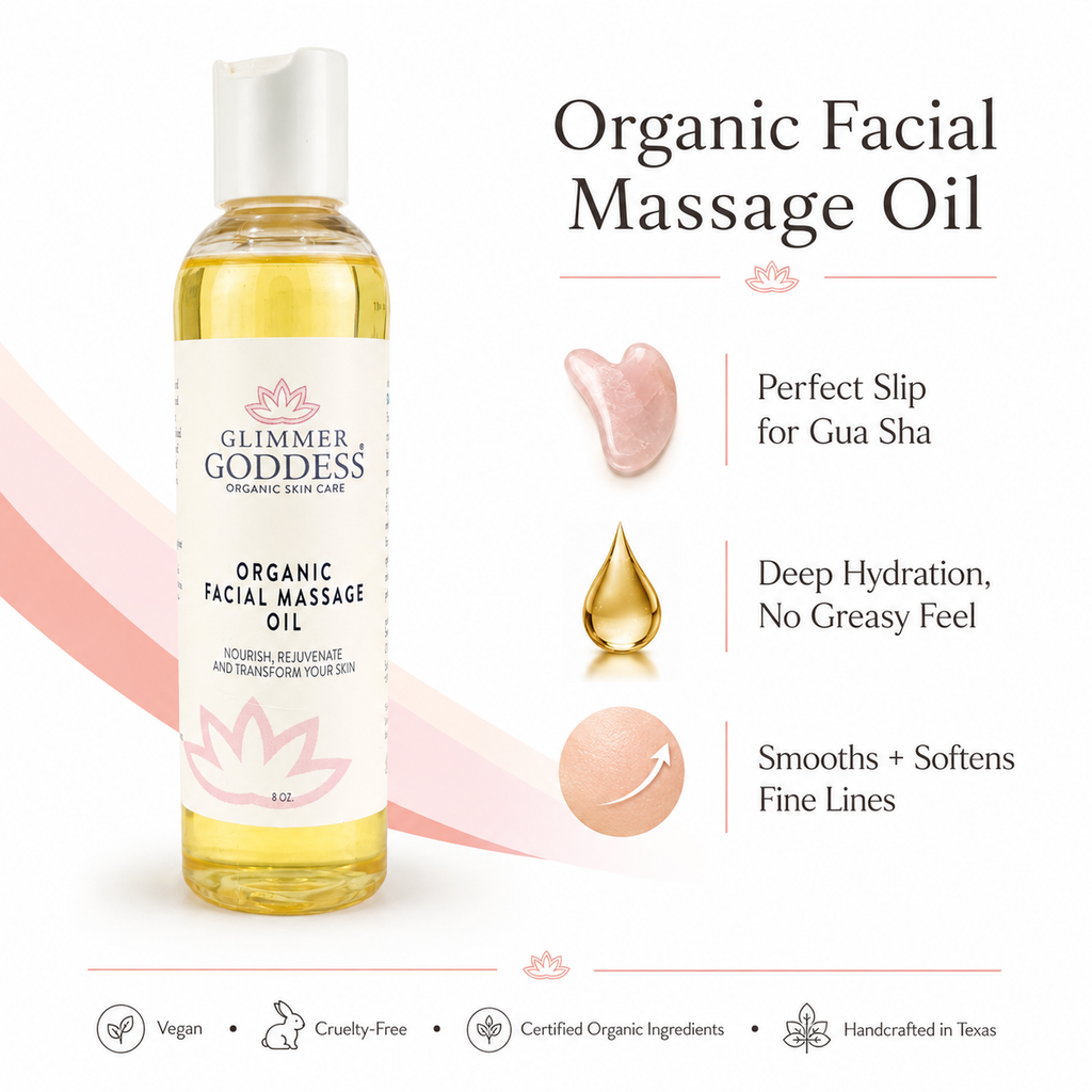 Organic facial massage oil in an elegant glass dropper bottle for anti-aging skincare routines