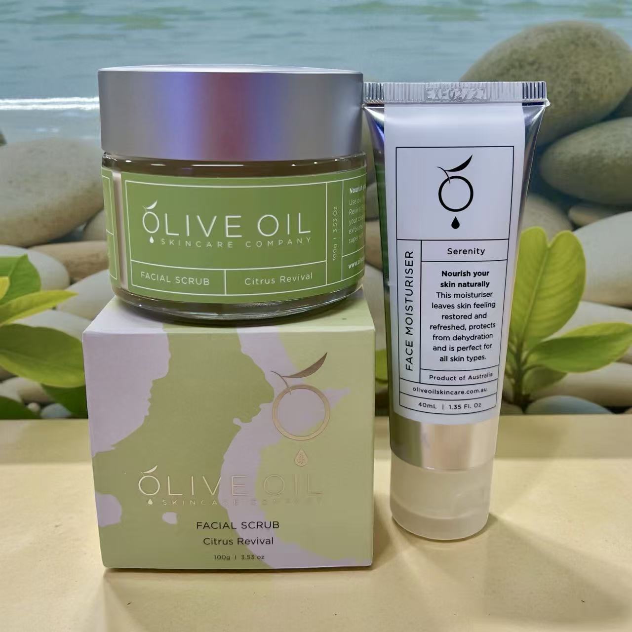 All-natural face care bundle featuring botanical facial scrub and 40ml olive oil moisturiser tubes