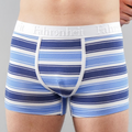 Blue and white striped men's cotton underwear trunk featuring a raised logo stretch waistband.