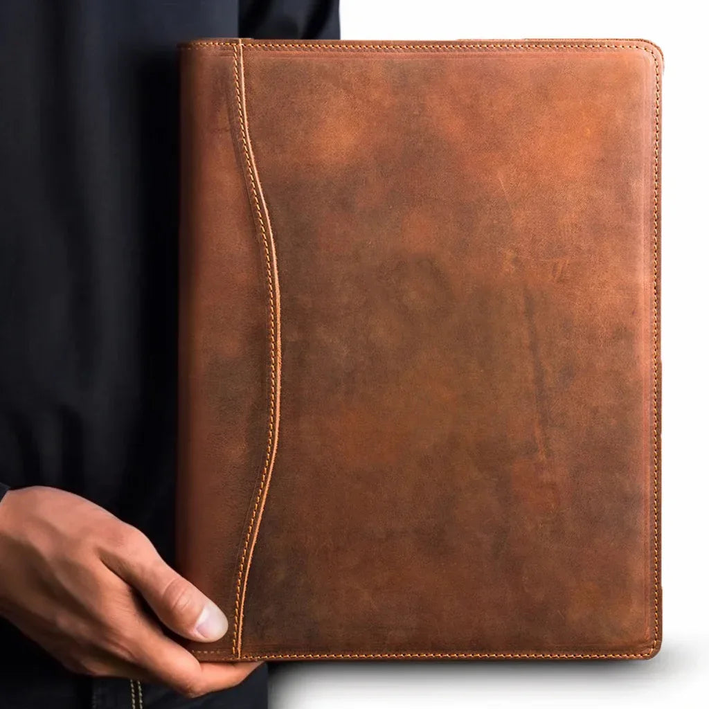 Handmade leather padfolio in vintage brown, open to show A4 document pockets and pen loop. — view 4