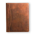 Handmade leather padfolio in vintage brown, open to show A4 document pockets and pen loop.