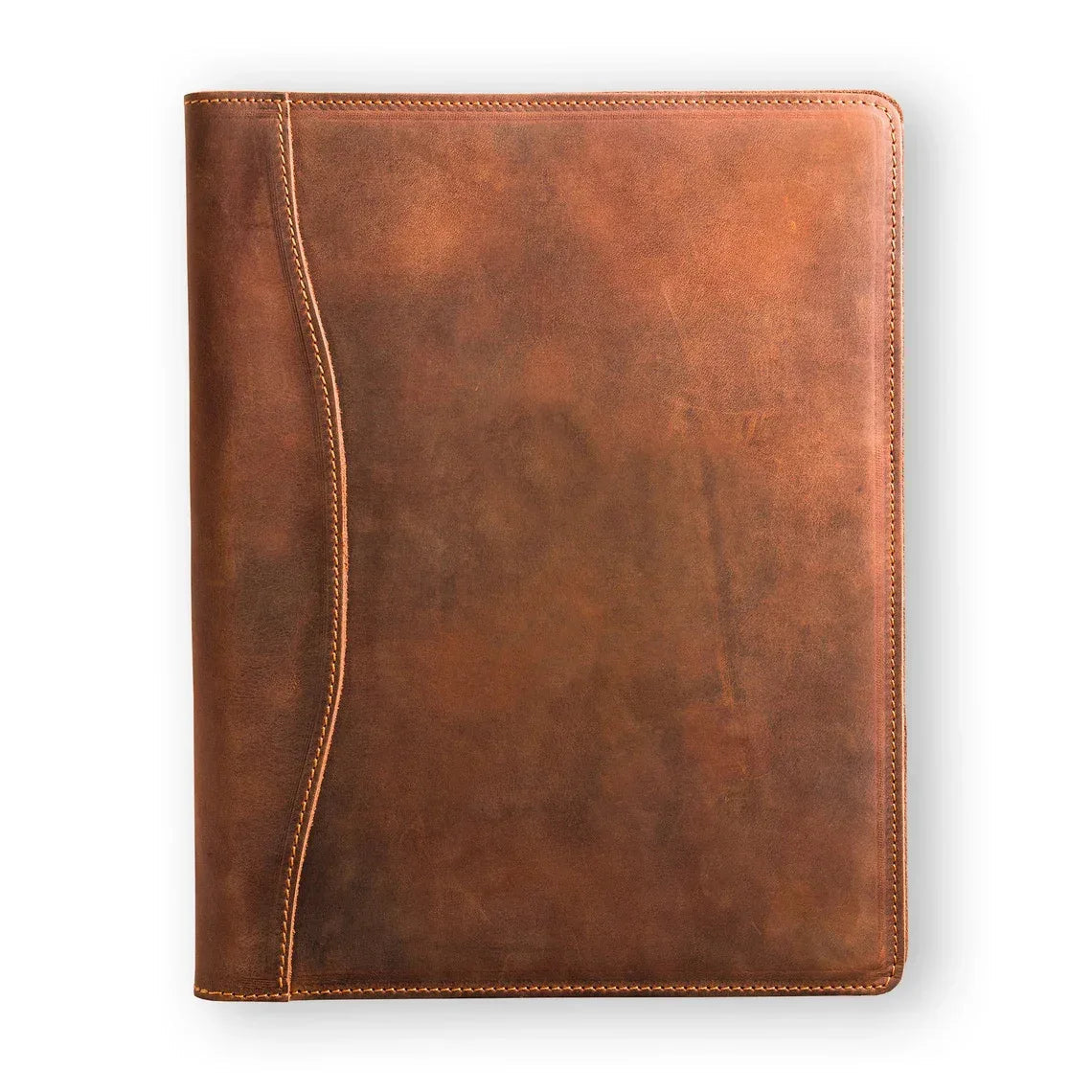 Handmade leather padfolio in vintage brown, open to show A4 document pockets and pen loop.