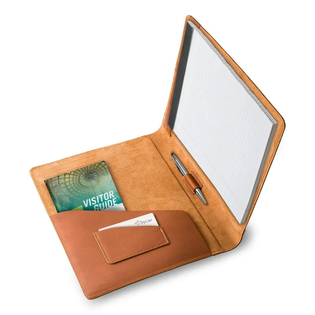 Handmade leather padfolio in vintage brown, open to show A4 document pockets and pen loop. — view 3