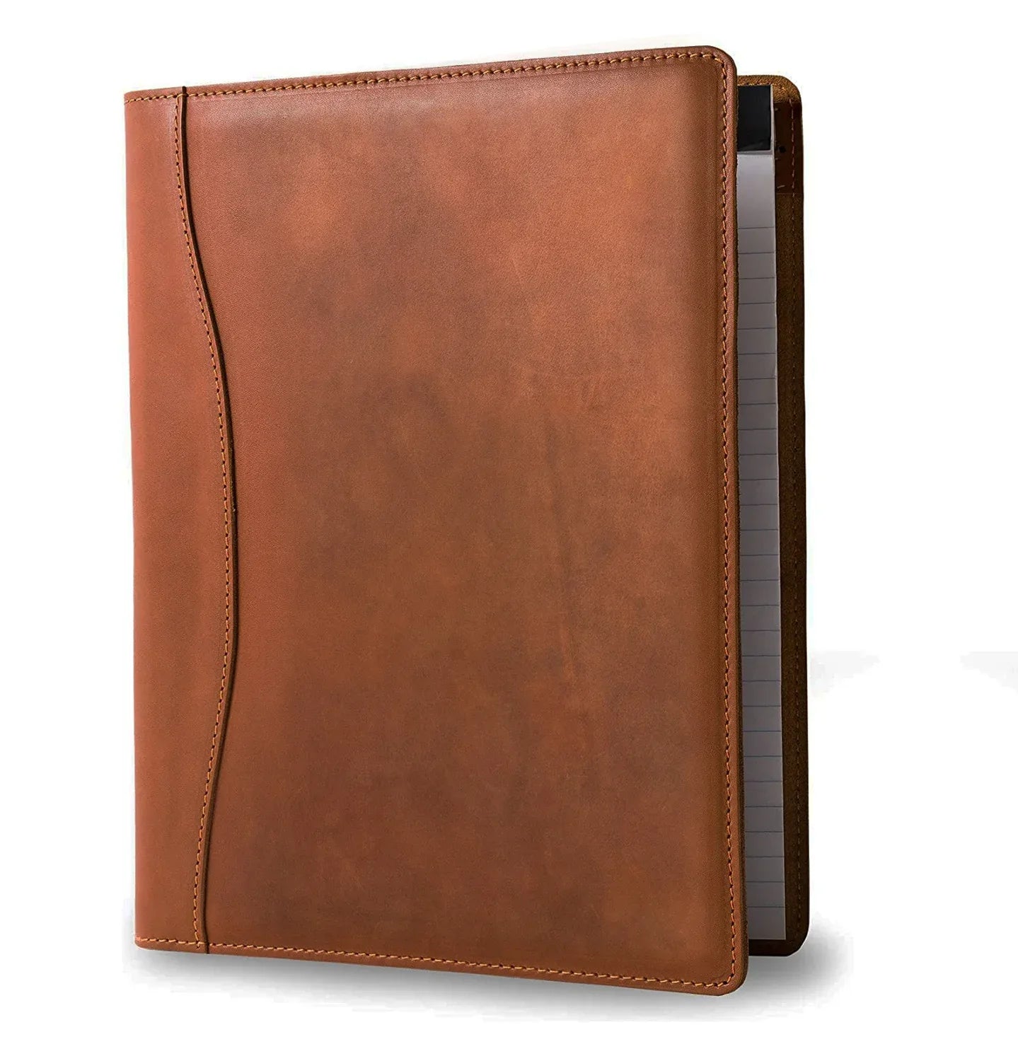 Handmade leather padfolio in vintage brown, open to show A4 document pockets and pen loop. — view 5