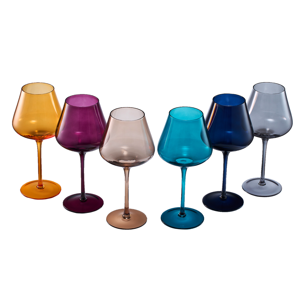 Six jewel colored 20oz stemmed wine glasses in butterscotch teal amethyst amber rose and blue