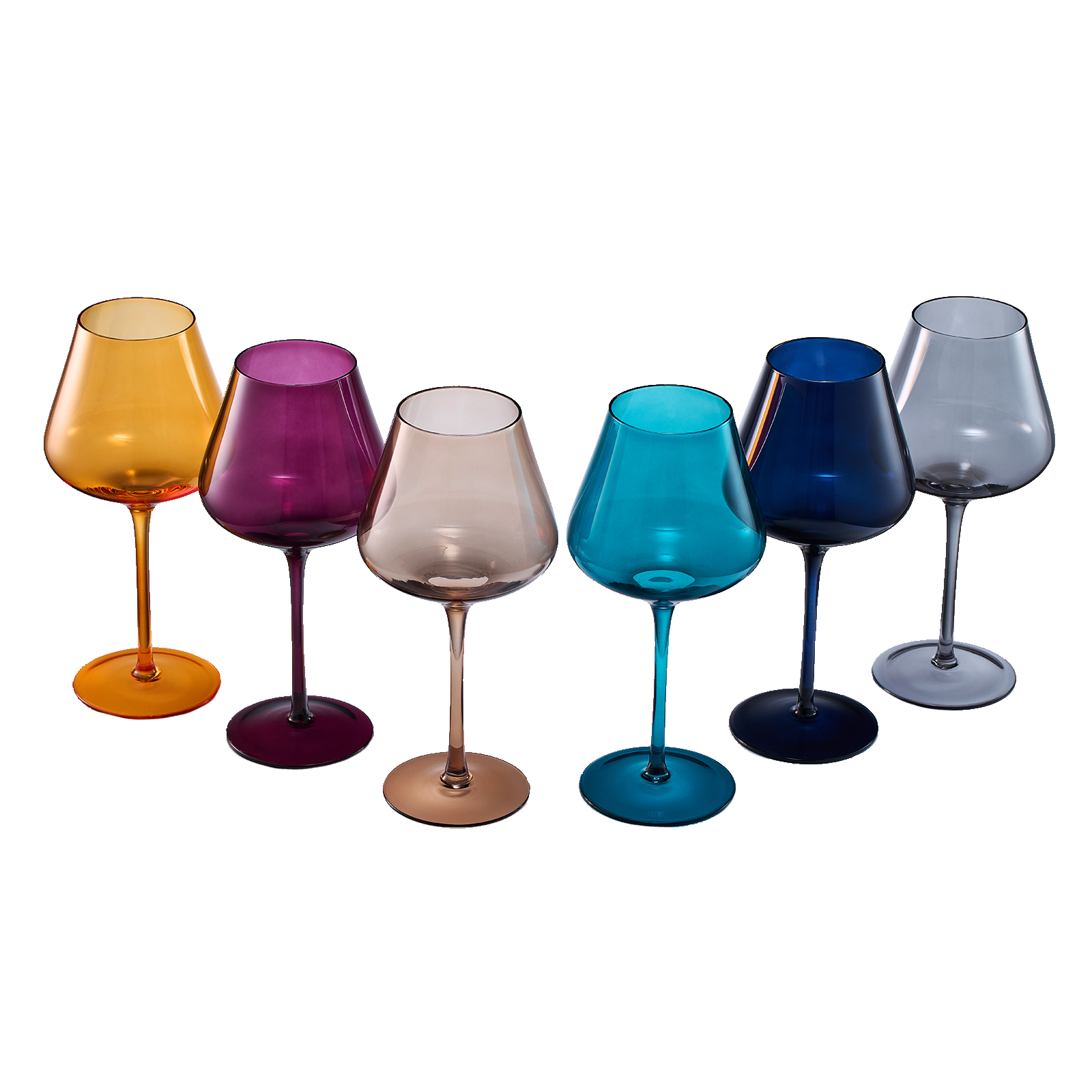 Six jewel colored 20oz stemmed wine glasses in butterscotch teal amethyst amber rose and blue
