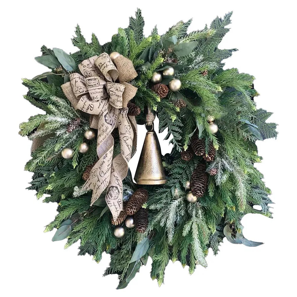 Farmhouse Christmas wreath with green pine foliage, red berries, and oversized golden bells