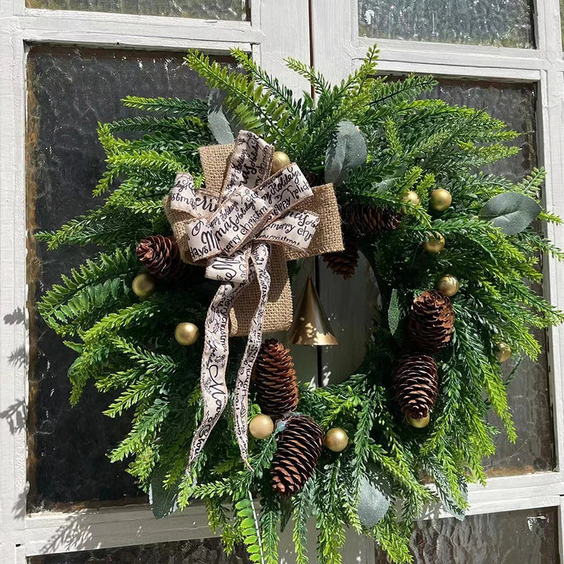 Farmhouse Christmas wreath with green pine foliage, red berries, and oversized golden bells — view 4